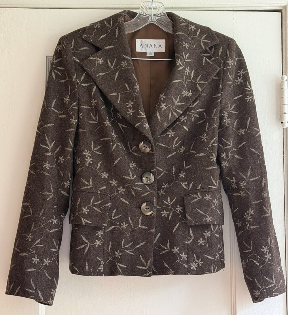 ANANA 100% Wool Embroidered Floral Blazer Jacket Brown Women’s Small